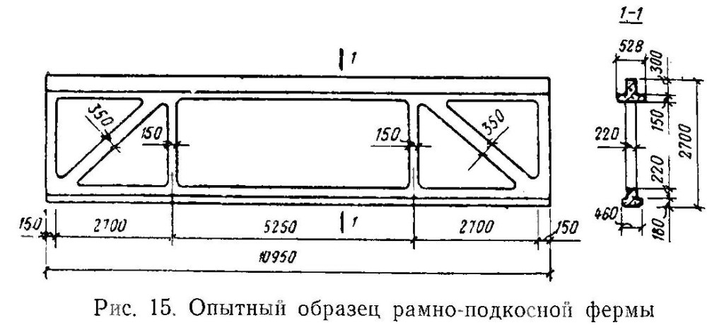 Показаны размеры опытной рамно-подкосной фермы