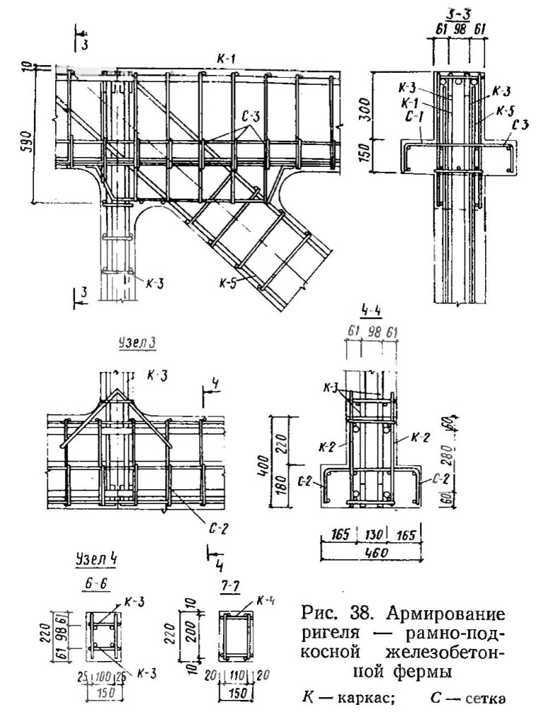 Армирование ригеля - рамно-подкосной железобетонной фермы: каркас, сетка
